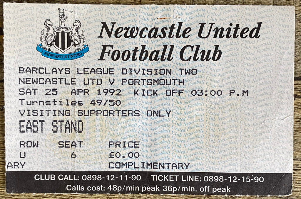 1991/92 ORIGINAL DIVISION 2 TICKET NEWCASTLE UNITED V PORTSMOUTH