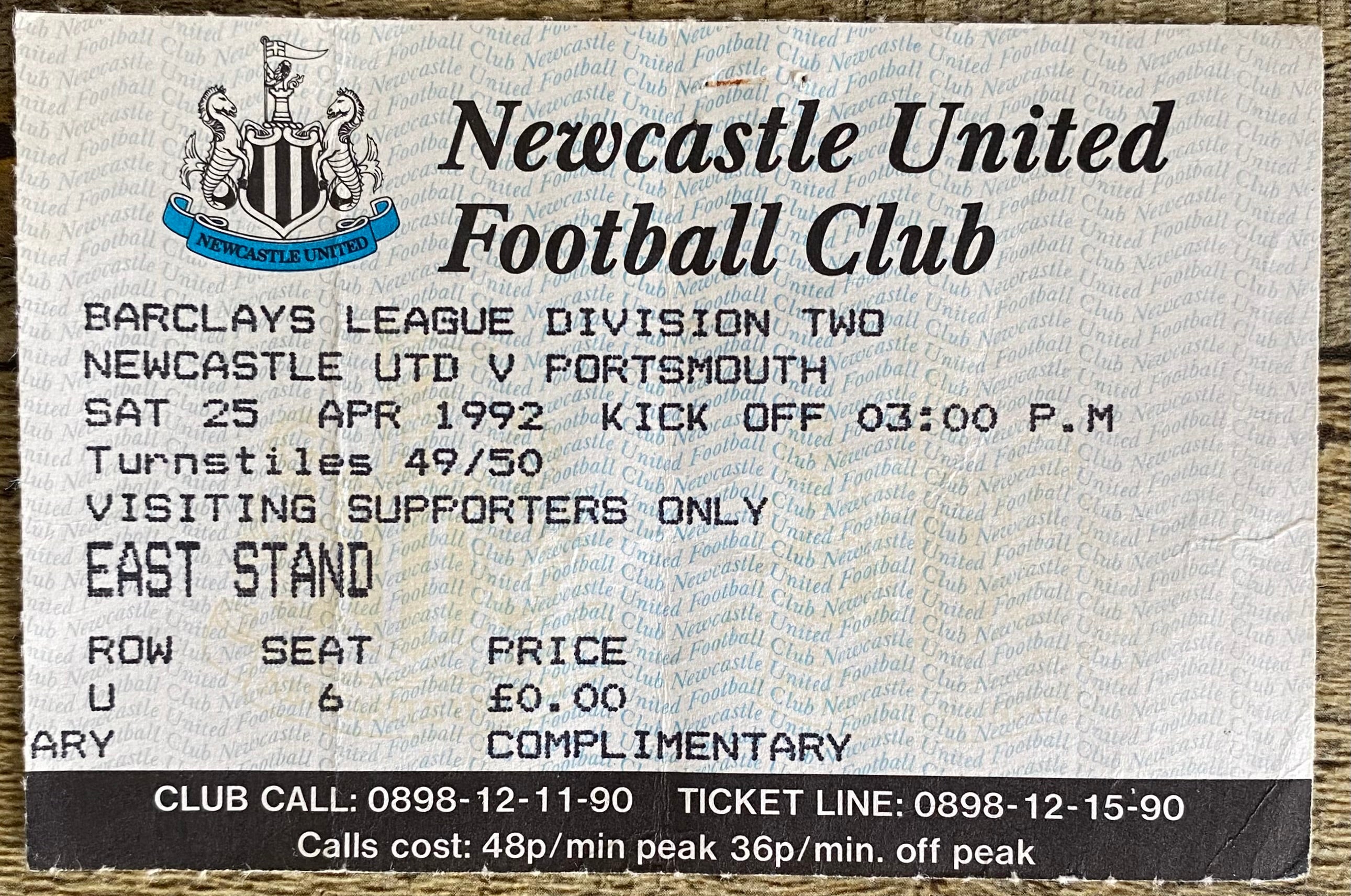 1991/92 ORIGINAL DIVISION 2 TICKET NEWCASTLE UNITED V PORTSMOUTH