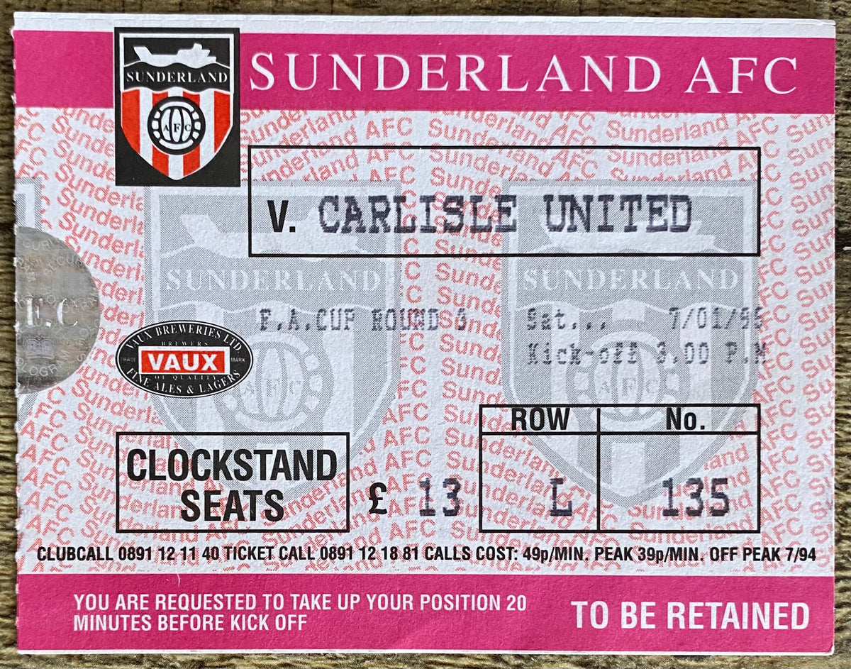 1994/95 ORIGINAL FA CUP 3RD ROUND TICKET SUNDERLAND v CARLISLE UNITED