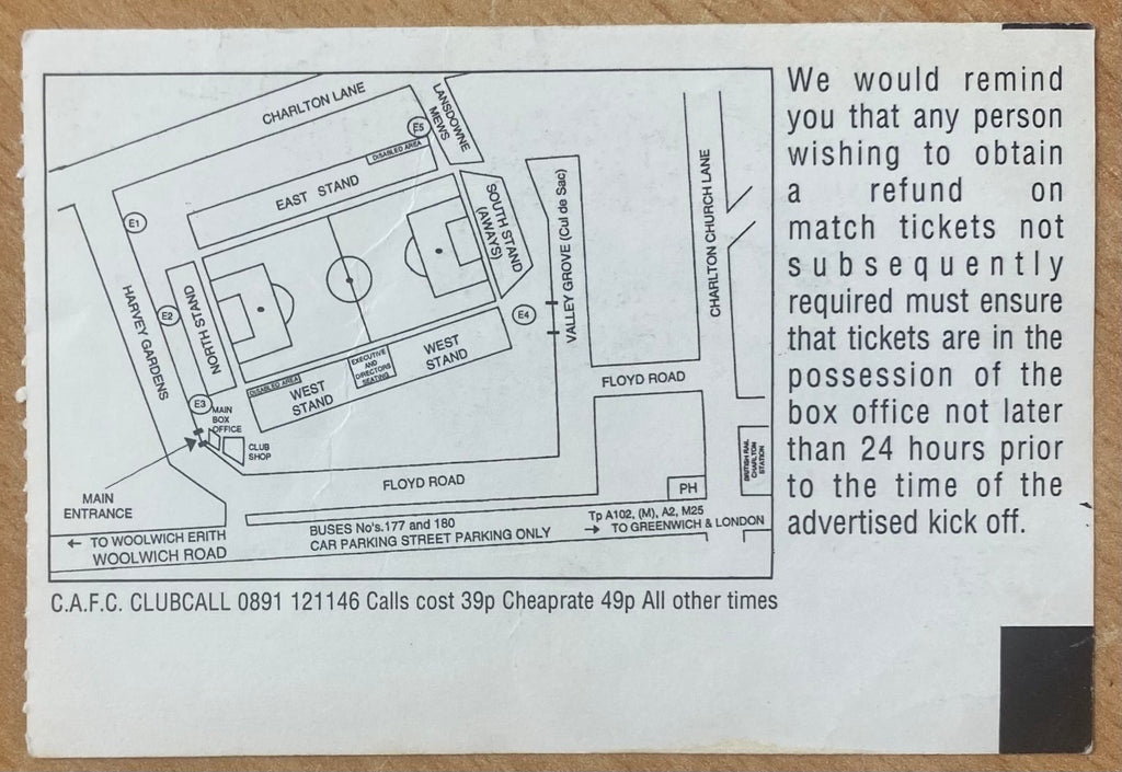 1994/95 ORIGINAL BOB BOLDER BENEFIT MATCH TICKET CHARLTON ATHLETIC V SHEFFIELD WEDNESDAY