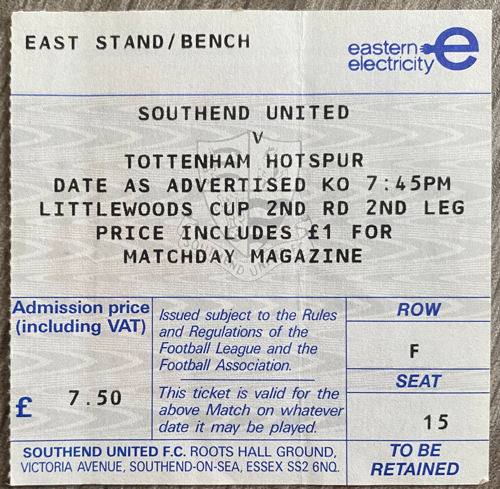 1989/90 ORIGINAL LITTLEWOODS CUP 2ND ROUND 2ND LEG TICKET SOUTHEND UNITED V TOTTENHAM HOTSPUR
