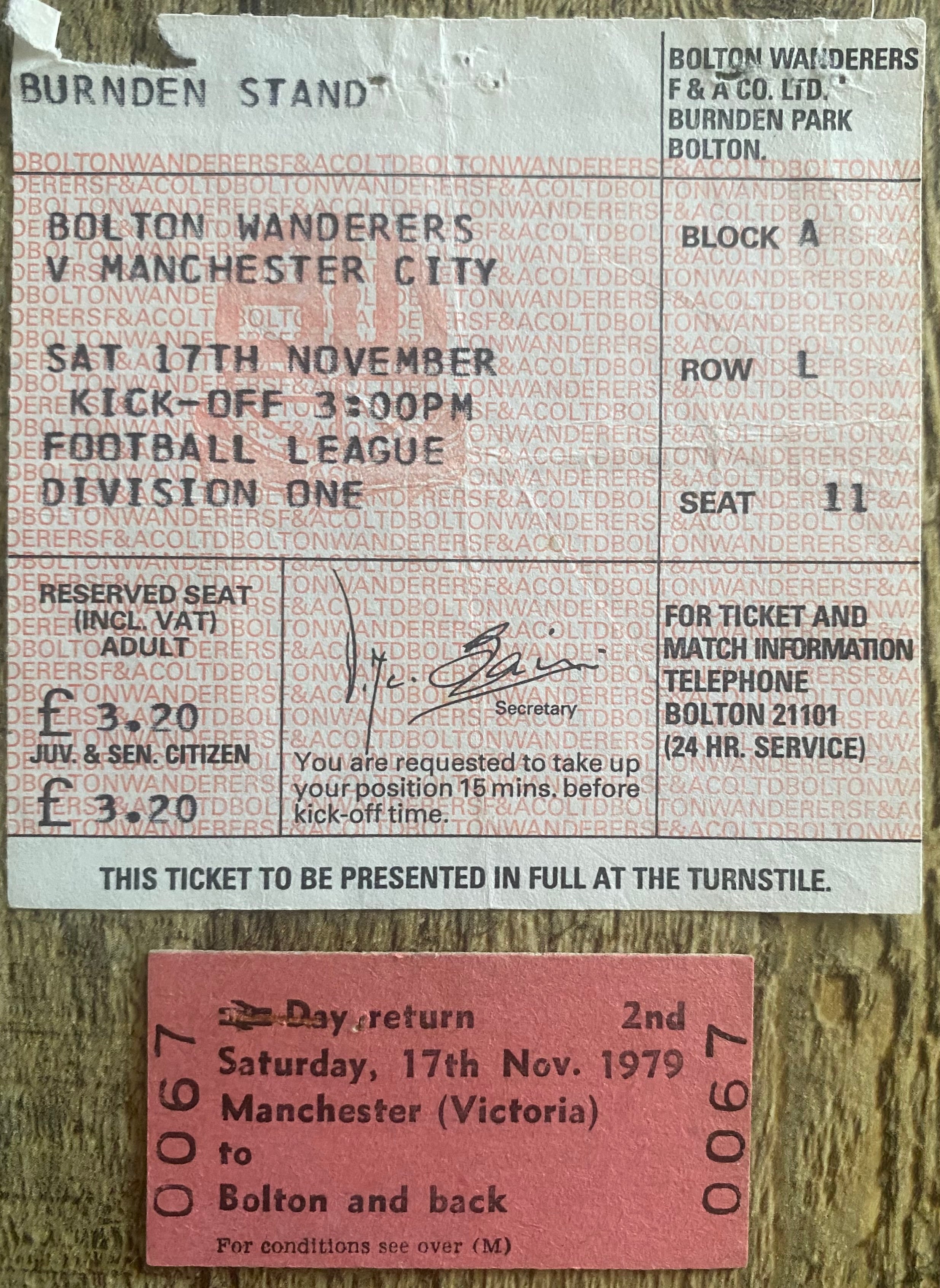 1979/80 ORIGINAL DIVISION ONE TICKET BOLTON WANDERERS V MANCHESTER CITY AND RAIL TICKET