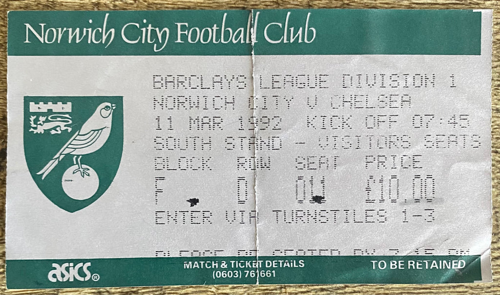 1991/92 ORIGINAL DIVISION 3 TICKET NORWICH CITY V CHELSEA