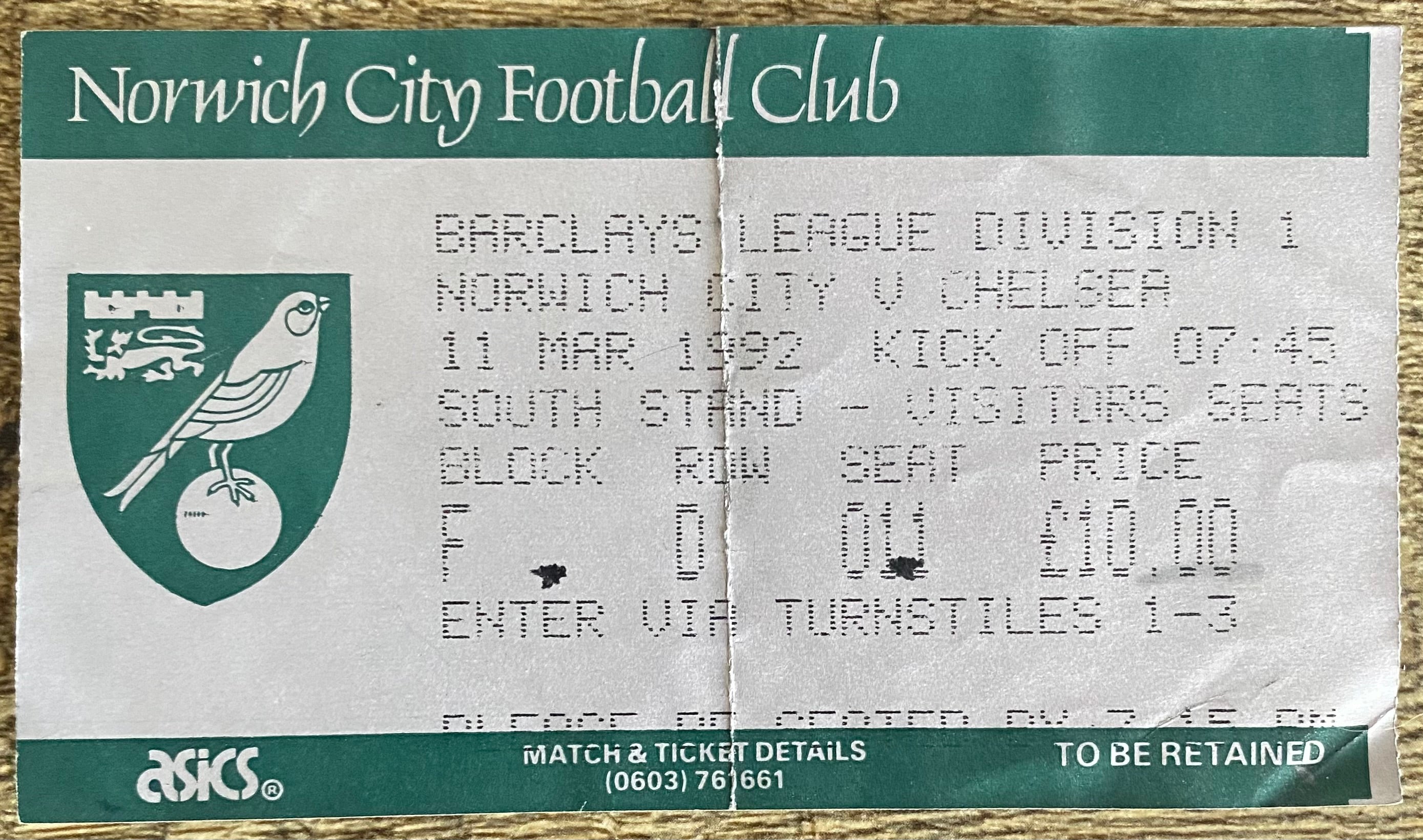 1991/92 ORIGINAL DIVISION 3 TICKET NORWICH CITY V CHELSEA