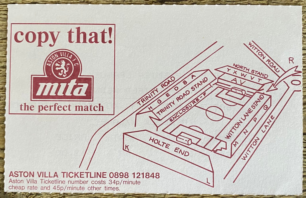 1992/93 ORIGINAL PREMIER LEAGUE TICKET ASTON VILLA V SHEFFIELD WEDNESDAY