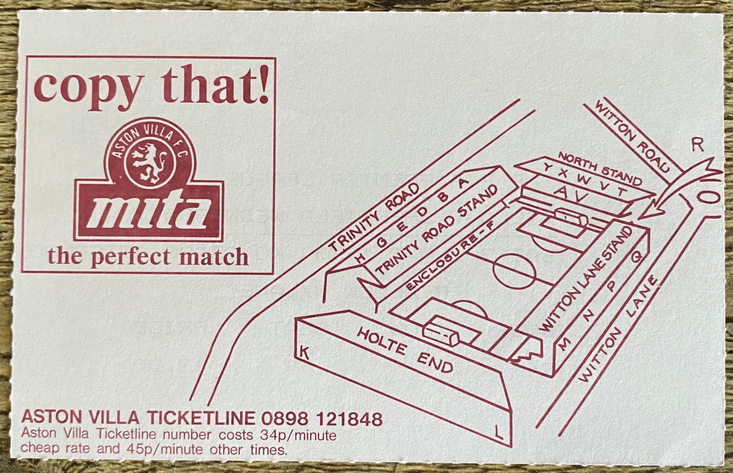 1992/93 ORIGINAL PREMIER LEAGUE TICKET ASTON VILLA V SHEFFIELD WEDNESDAY