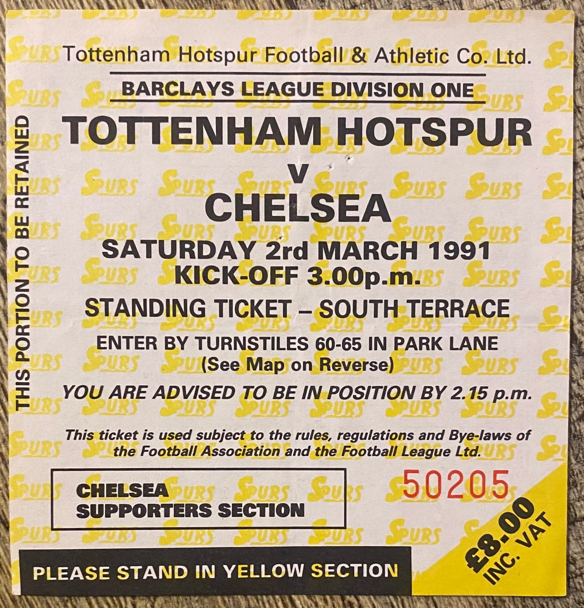 1990/91 ORIGINAL DIVISION 1 TICKET TOTTENHAM HOTSPUR V CHELSEA