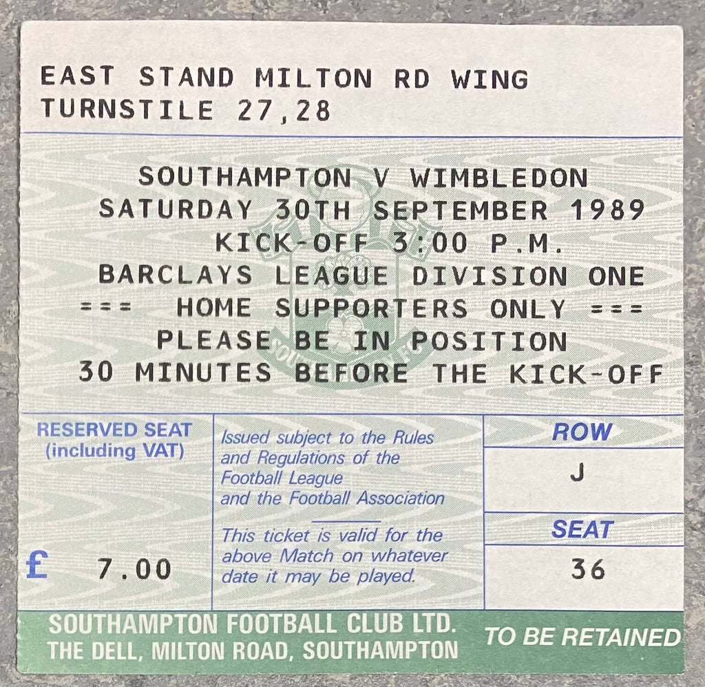 1989/90 ORIGINAL DIVISION ONE TICKET SOUTHAMPTON V WIMBLEDON