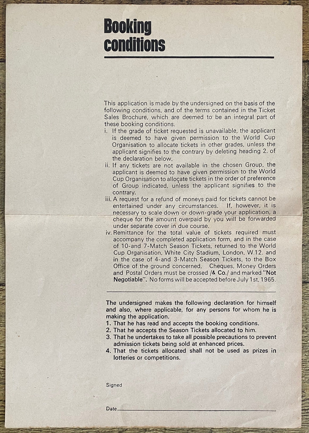 1966 WORLD CUP ORIGINAL OFFICIAL TICKET APPLICATION FORM