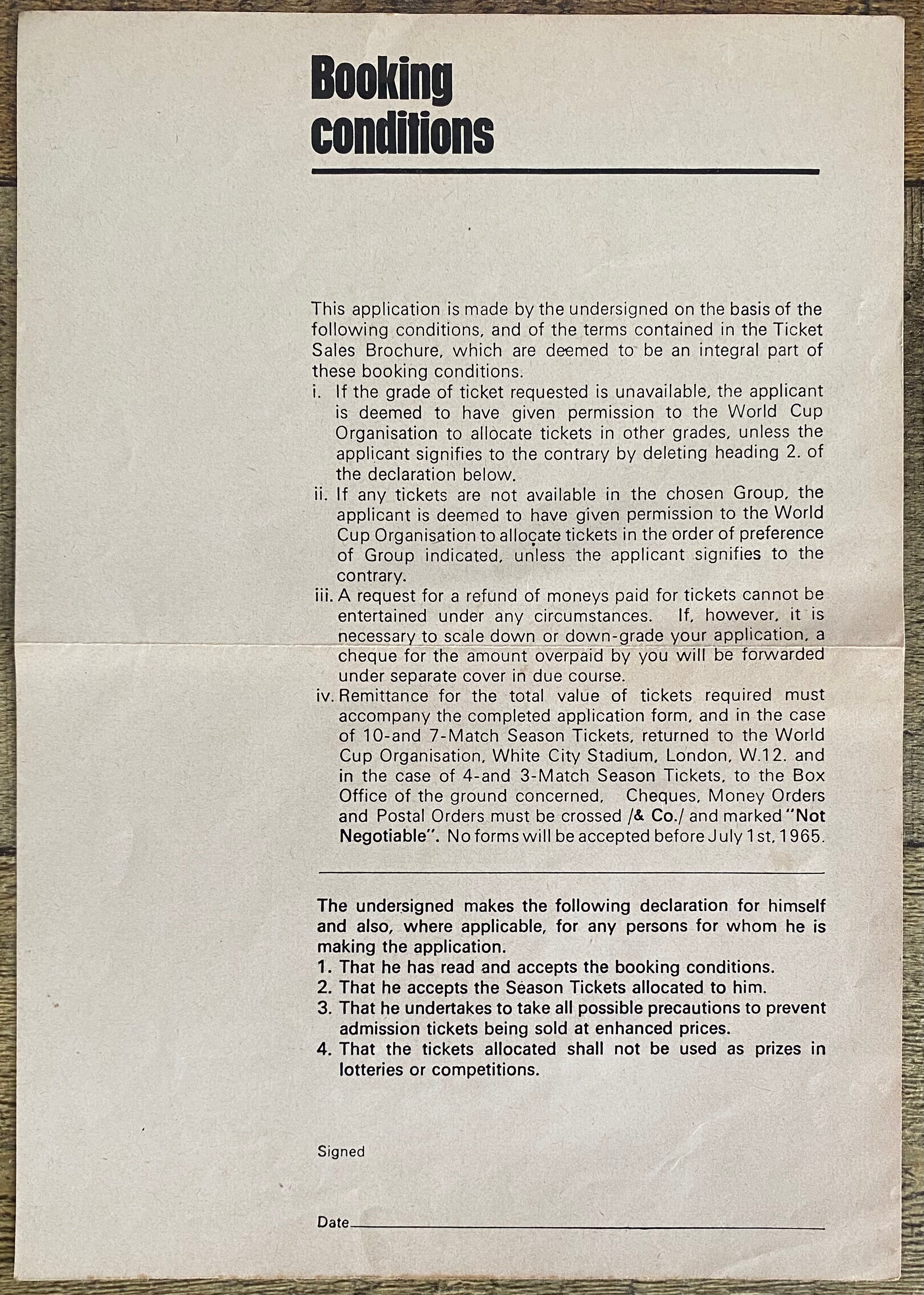 1966 WORLD CUP ORIGINAL OFFICIAL TICKET APPLICATION FORM