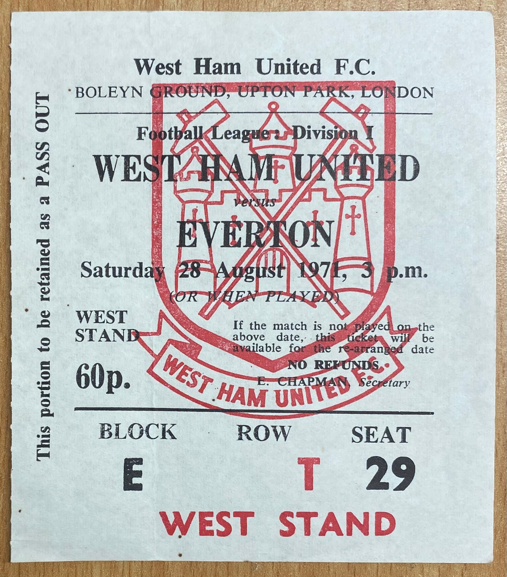 1971/72 ORIGINAL DIVISION 1 TICKET WEST HAM UNITED V EVERTON