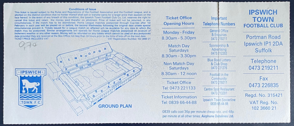 1994/95 ORIGINAL MICK STOCKWELL TESTIMONIAL TICKET IPSWICH TOWN V FC PORTO