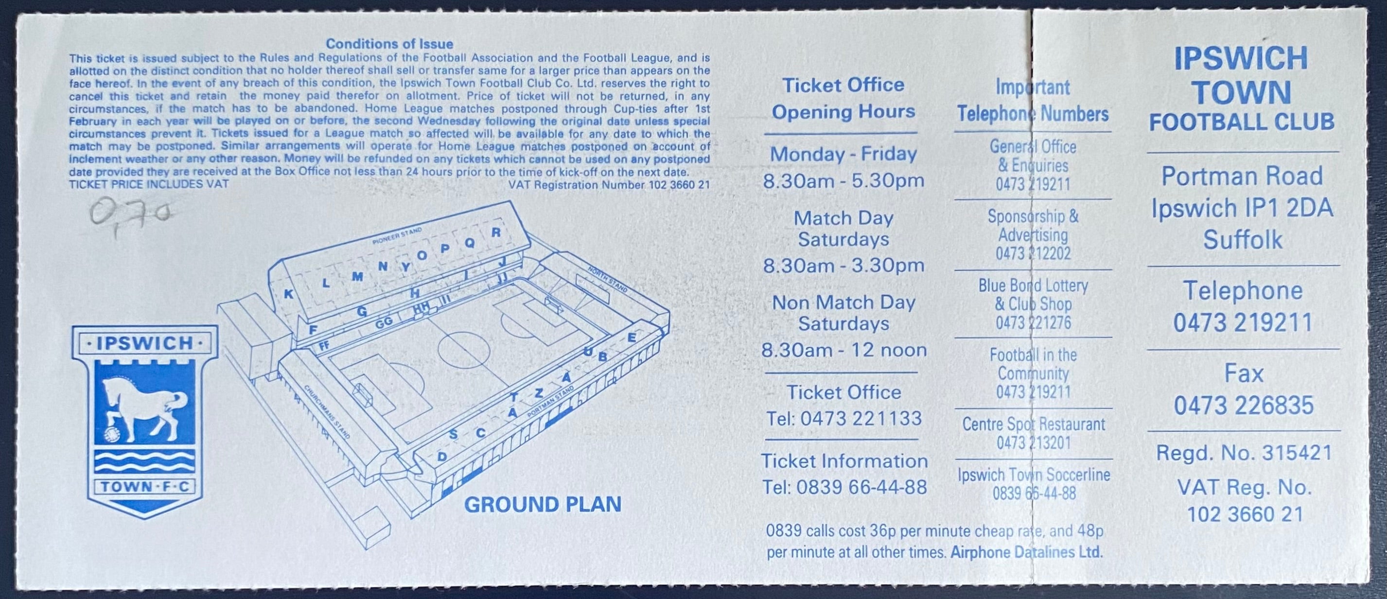 1994/95 ORIGINAL MICK STOCKWELL TESTIMONIAL TICKET IPSWICH TOWN V FC PORTO