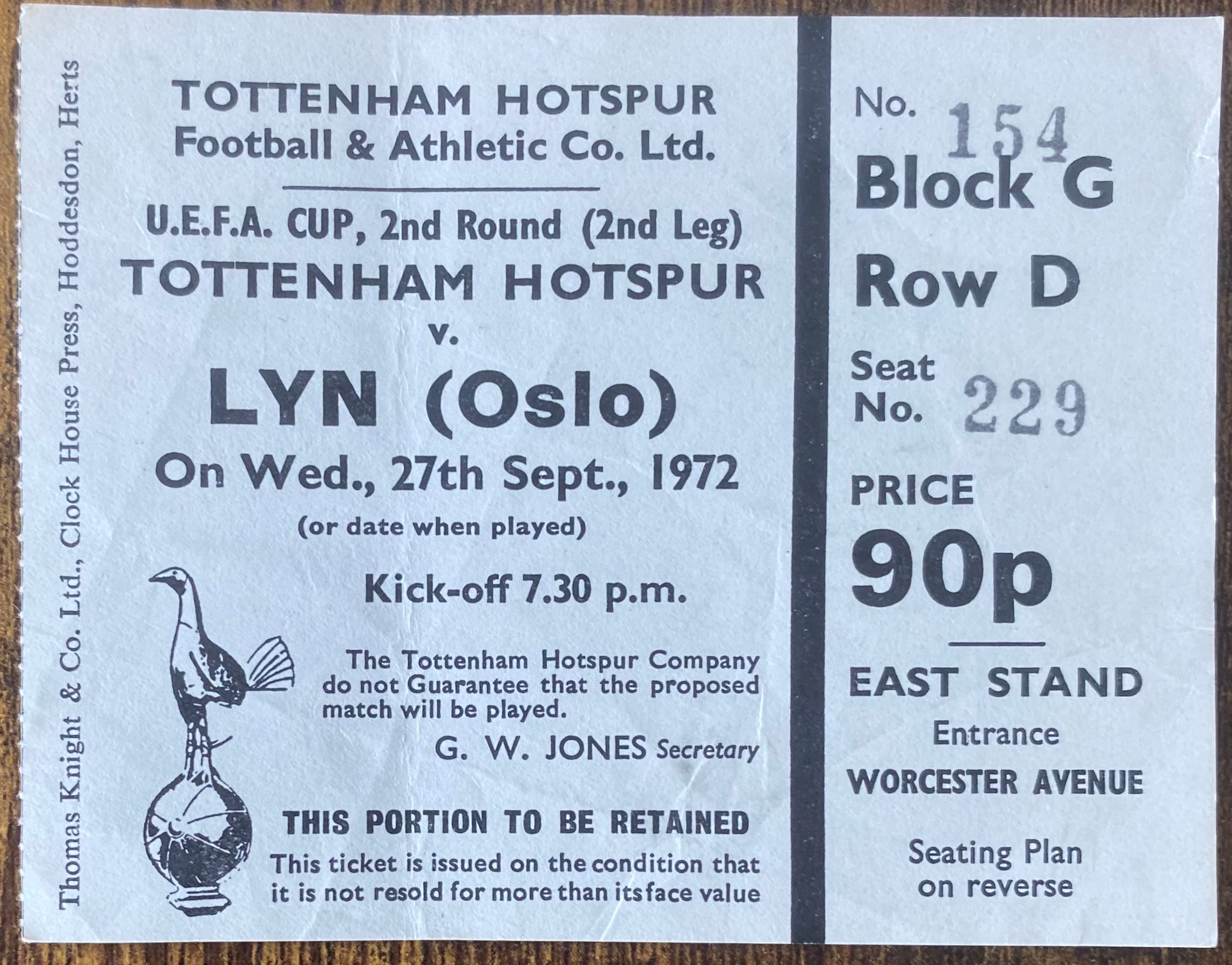 1972/73 ORIGINAL UEFA CUP 2ND ROUND 2ND LEG TICKET TOTTENHAM HOTSPUR V LYN OSLO