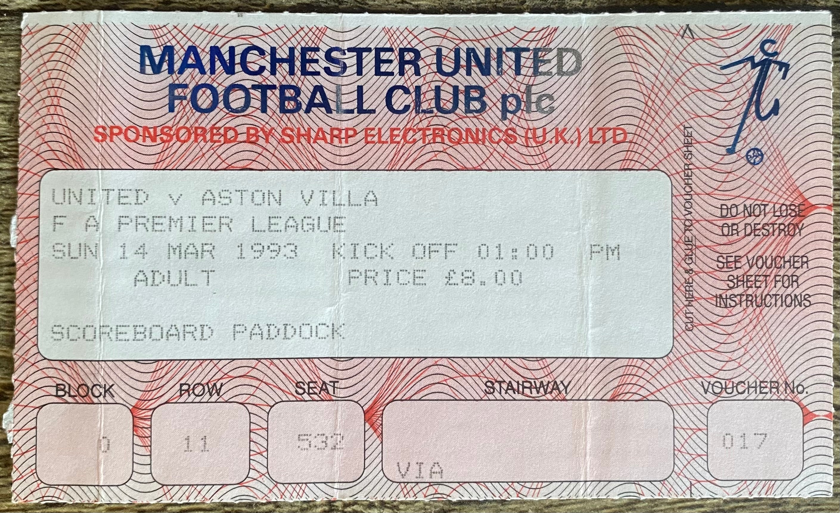 1992/93 ORIGINAL PREMIER LEAGUE TICKET  MANCHESTER UNITED V ASTON VILLA