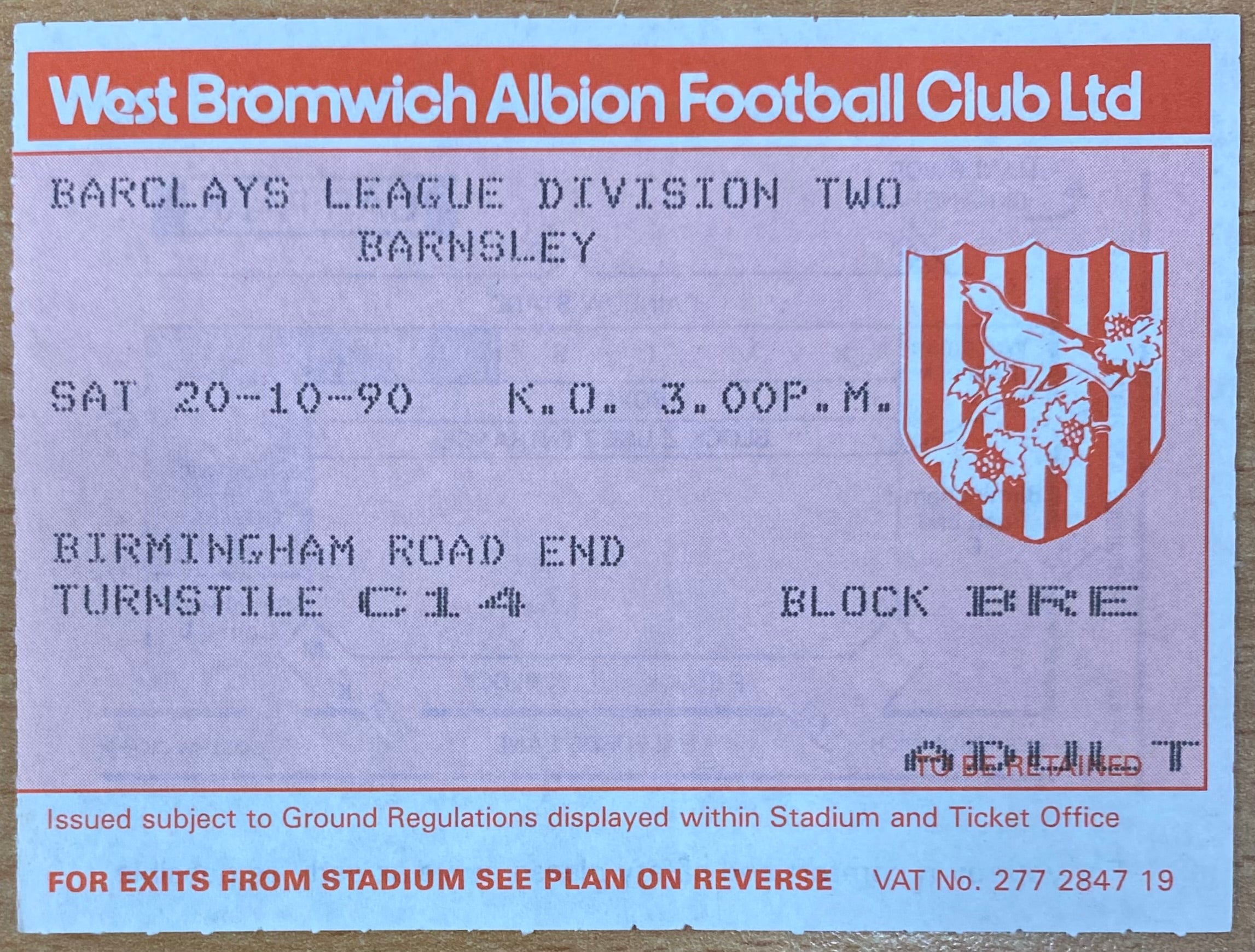 1990/91 ORIGINAL DIVISION 2 TICKET WEST BROMWICH ALBION V BARNSLEY