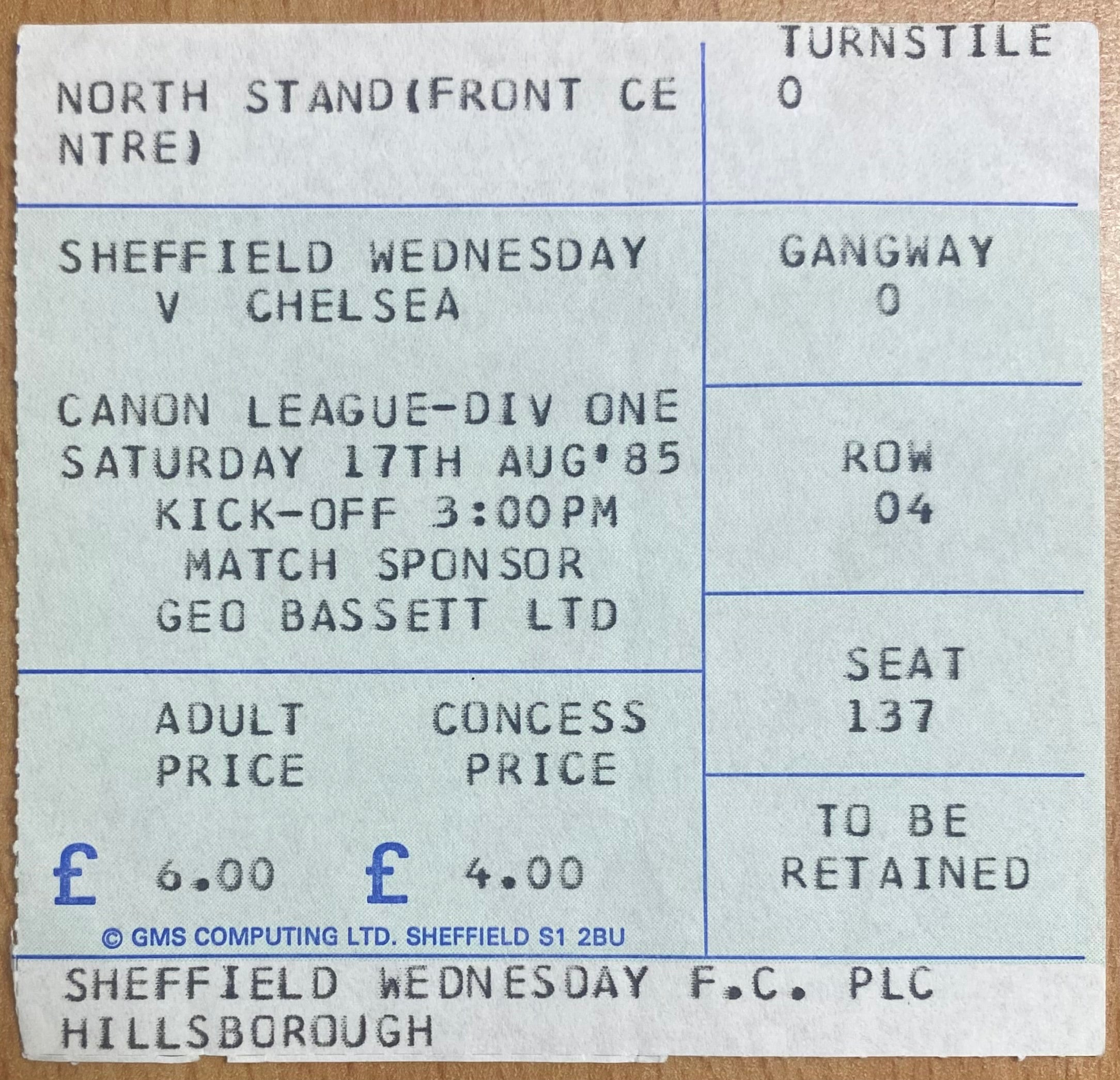 1985/86 ORIGINAL DIVISION 1 TICKET SHEFFIELD WEDNESDAY V CHELSEA