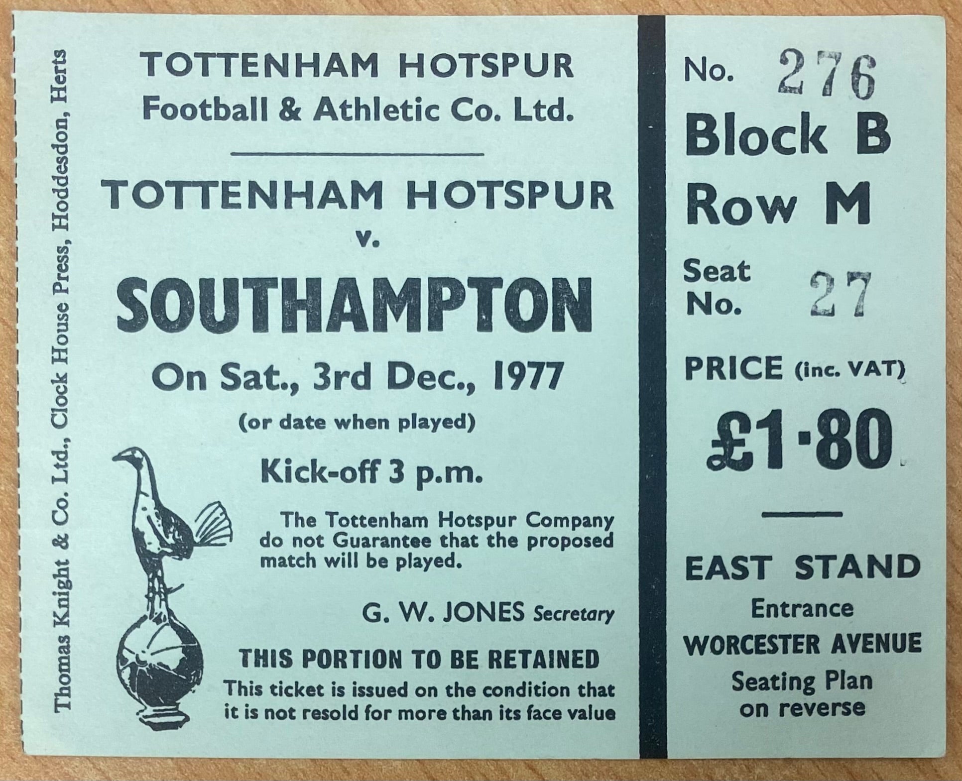 1977/78 ORIGINAL DIVISION TWO TICKET TOTTENHAM HOTSPUR V SOUTHAMPTON