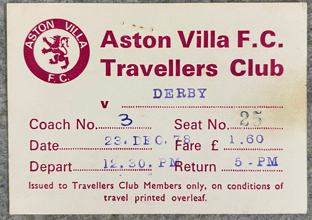 1978/79 ORIGINAL DIVISION 1 UNUSED TICKET DERBY COUNTY V ASTON VILLA + TRAVEL TICKET