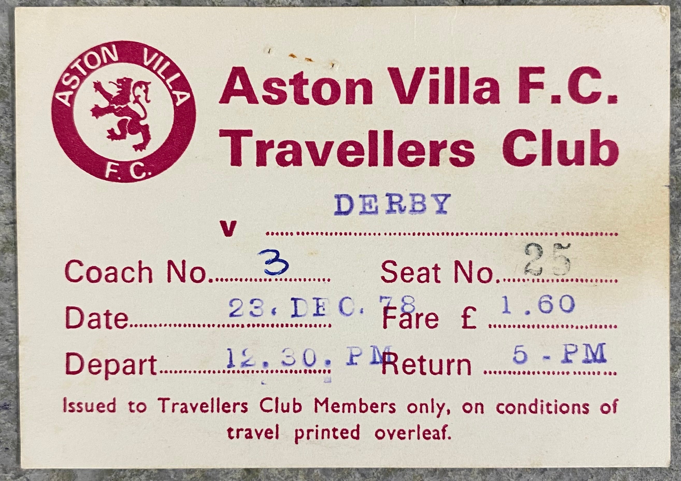 1978/79 ORIGINAL DIVISION 1 UNUSED TICKET DERBY COUNTY V ASTON VILLA + TRAVEL TICKET