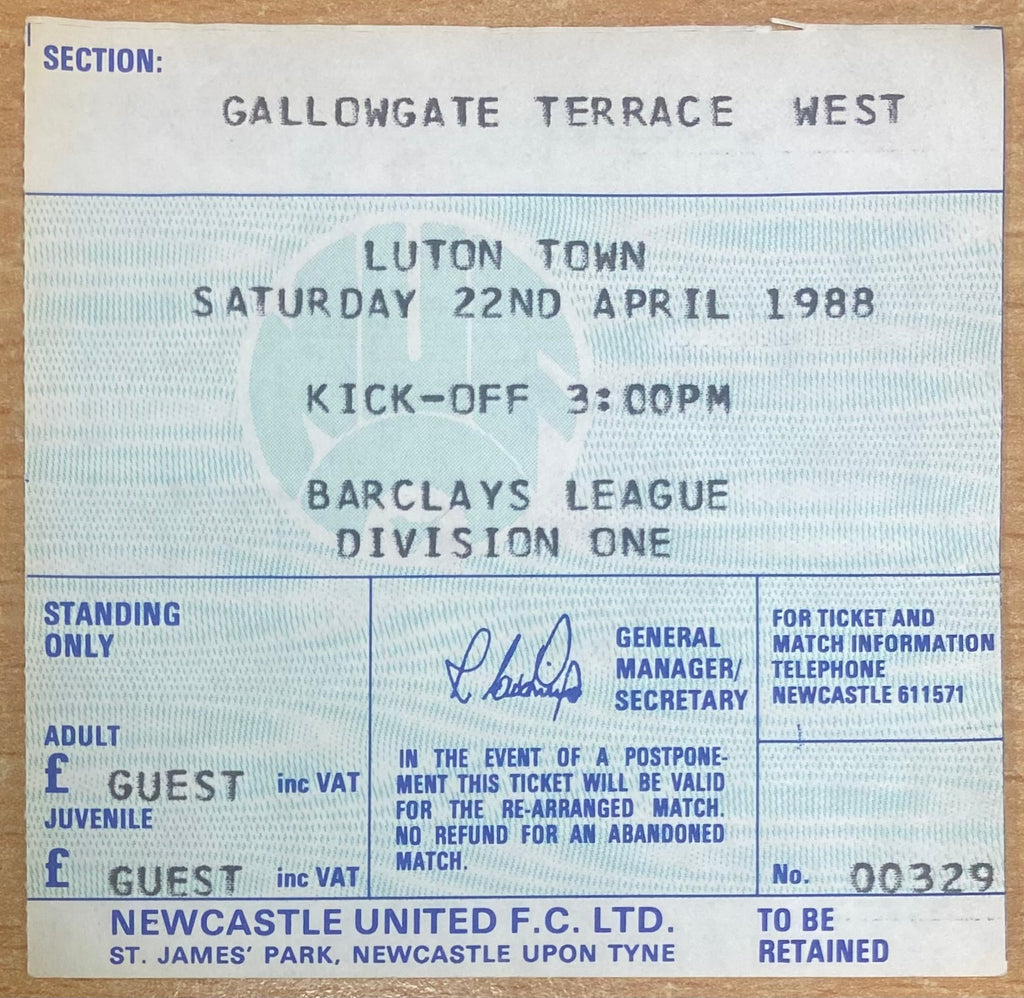 1987/88 ORIGINAL DIVISION 1 TICKET NEWCASTLE UNITED V LUTON TOWN