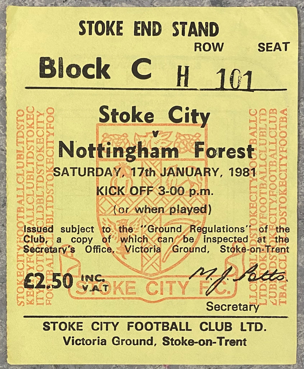 1980/81 ORIGINAL DIVISION ONE TICKET STOKE CITY V NOTTINGHAM FOREST