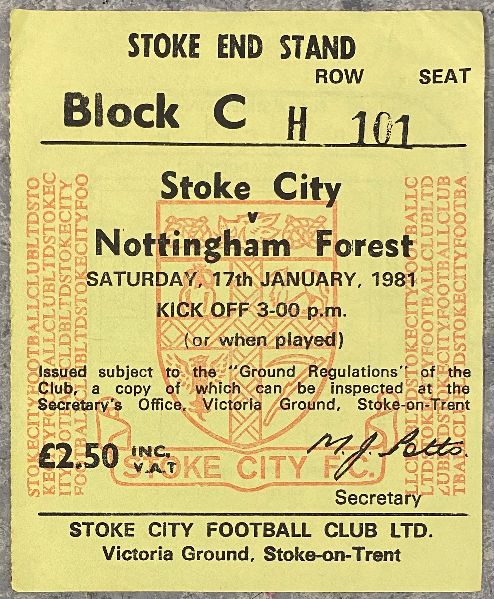 1980/81 ORIGINAL DIVISION ONE TICKET STOKE CITY V NOTTINGHAM FOREST