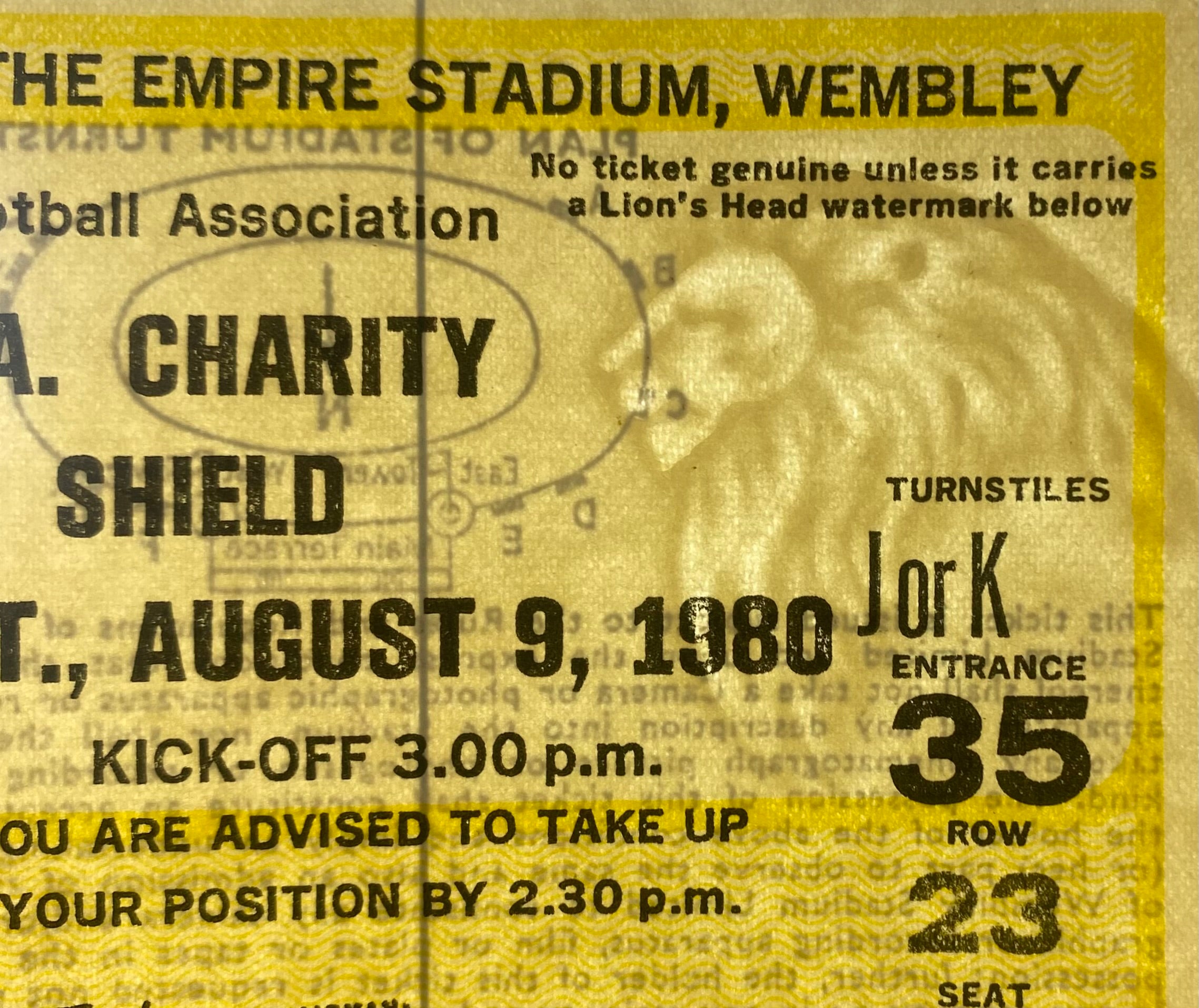 1980 ORIGINAL CHARITY SHIELD TICKET LIVERPOOL V WEST HAM UNITED
