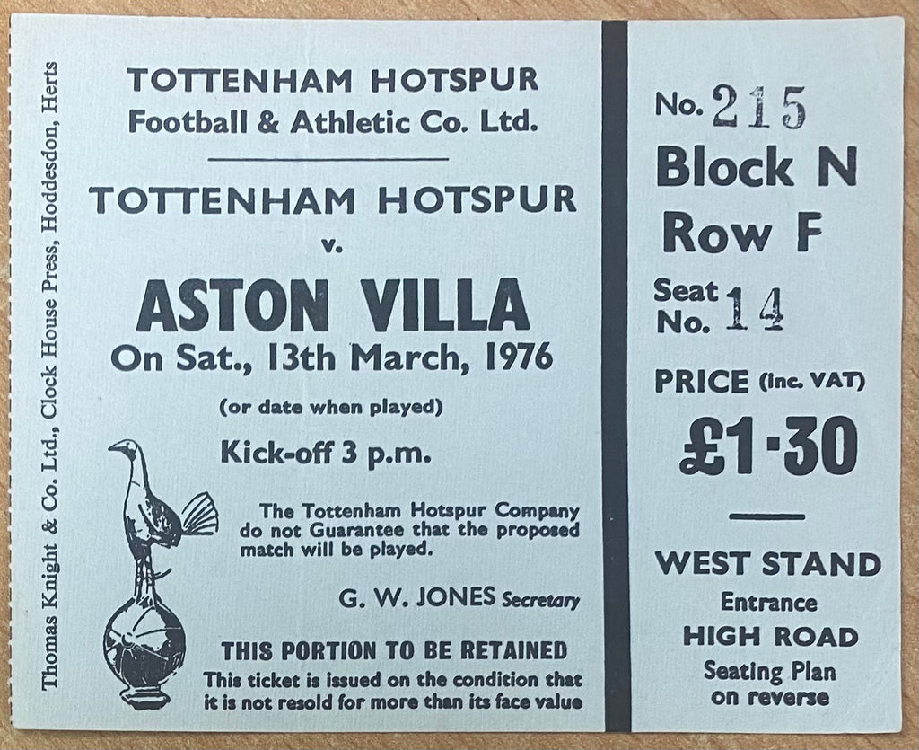 1975/76 ORIGINAL DIVISION ONE TICKET TOTTENHAM HOTSPUR V ASTON VILLA