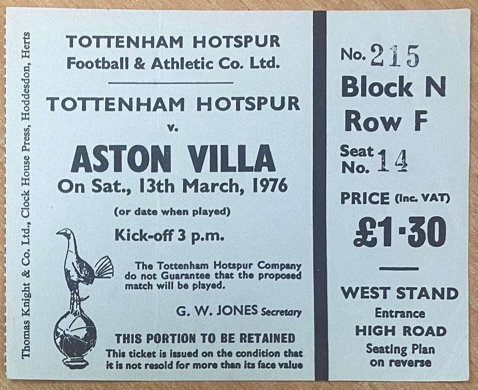 1975/76 ORIGINAL DIVISION ONE TICKET TOTTENHAM HOTSPUR V ASTON VILLA