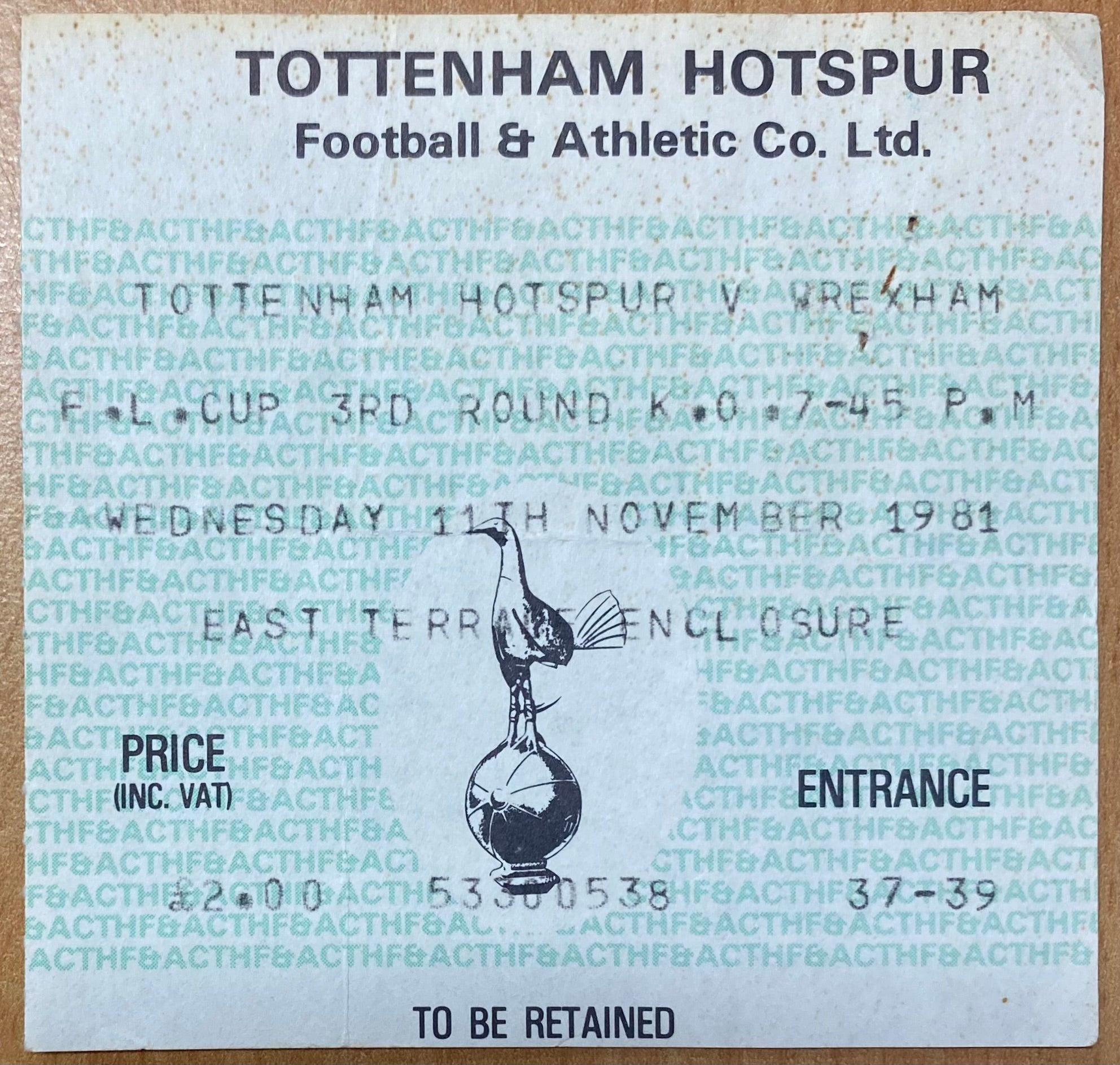 1981/82 ORIGINAL LEAGUE CUP 3RD ROUND TICKET TOTTENHAM HOTSPUR V WREXHAM