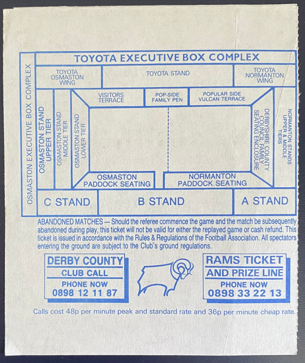 1992/93 ORIGINAL DIVISION 1 TICKET DERBY COUNTY V WOLVERHAMPTON WANDERERS