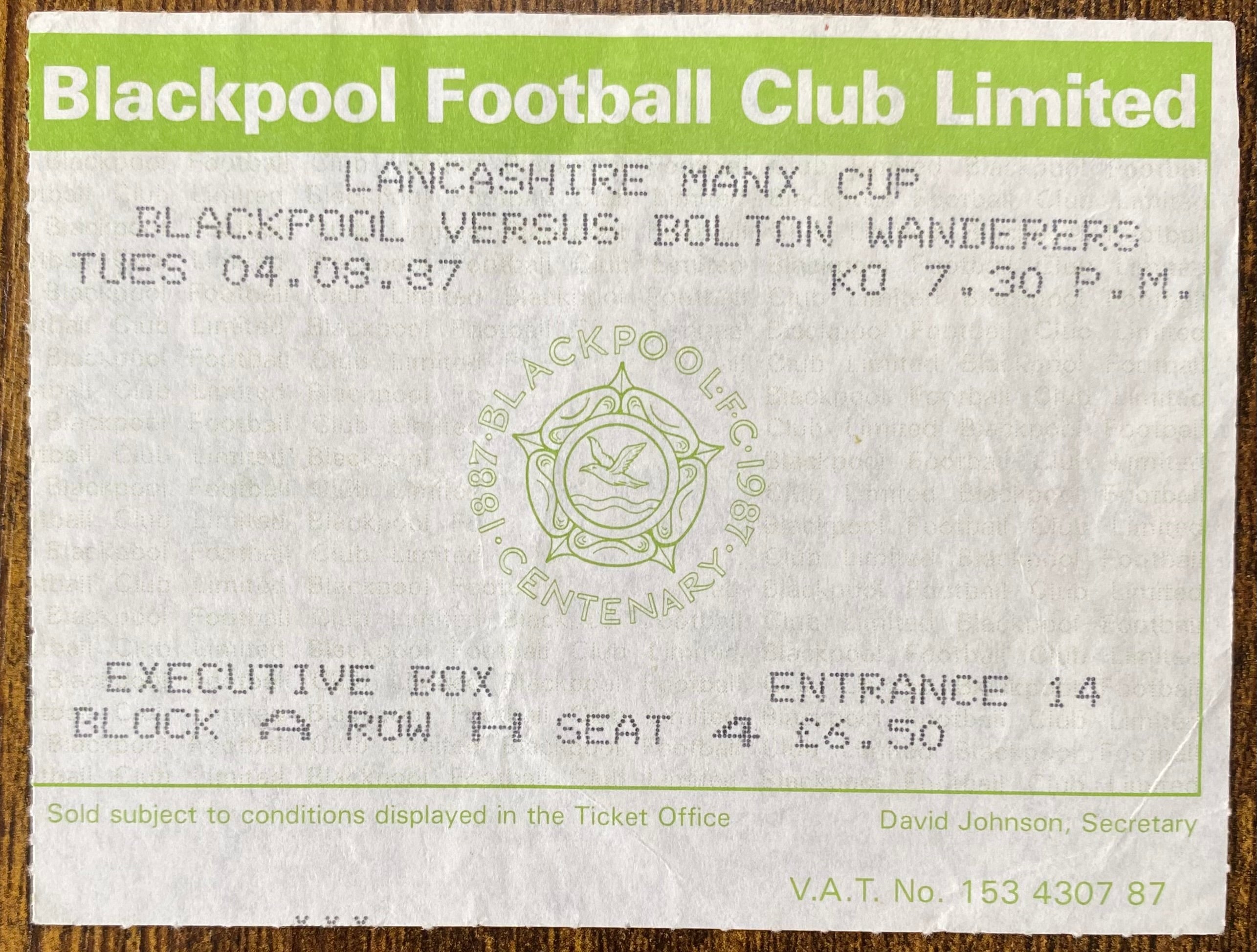 1987/88 ORIGINAL LANCASHIRE MANX CUP TICKET BLACKPOOL V BOLTON WANDERERS