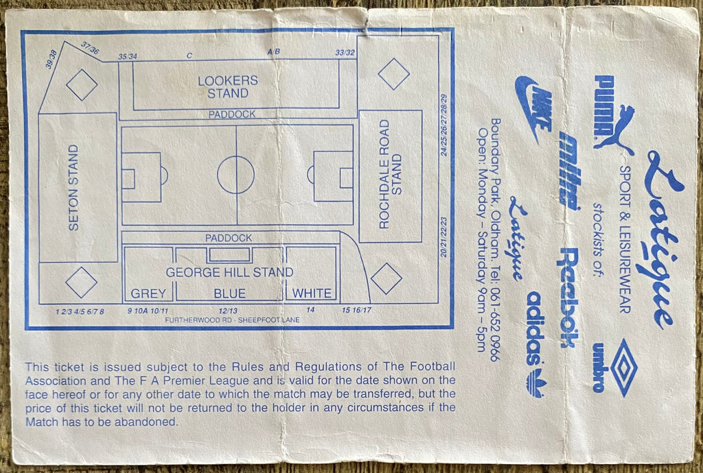 1992/93 ORIGINAL FA PREMIER LEAGUE TICKET OLDHAM ATHLETIC V ASTON VILLA