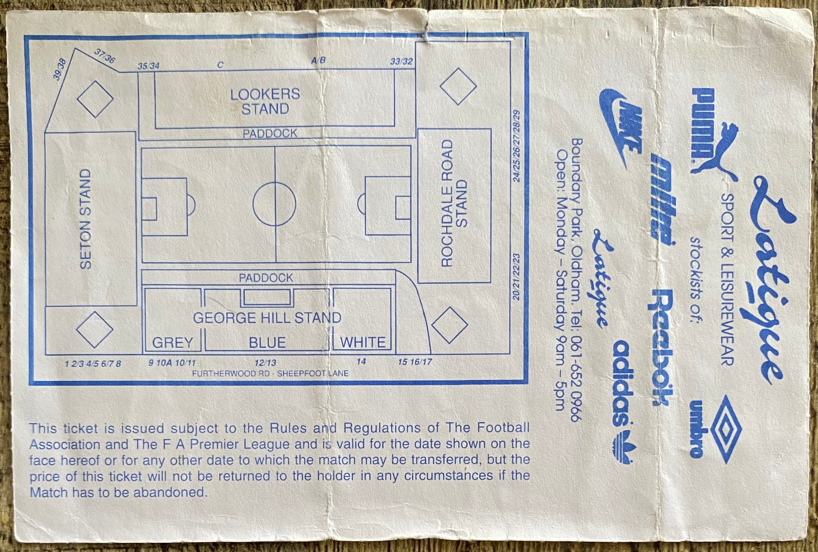 1992/93 ORIGINAL FA PREMIER LEAGUE TICKET OLDHAM ATHLETIC V ASTON VILLA