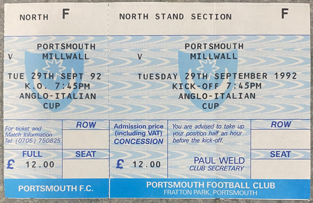 1992/93 ORIGINAL ANGLO ITALIAN CUP UNUSED TICKET PORTSMOUTH V MILLWALL