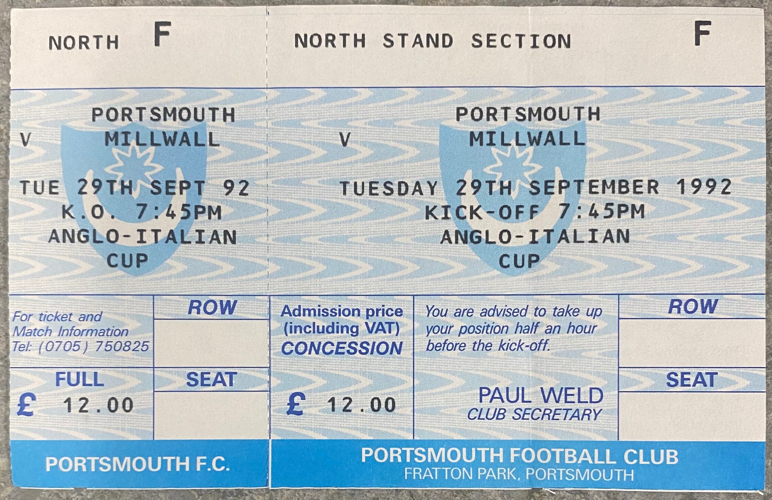 1992/93 ORIGINAL ANGLO ITALIAN CUP UNUSED TICKET PORTSMOUTH V MILLWALL