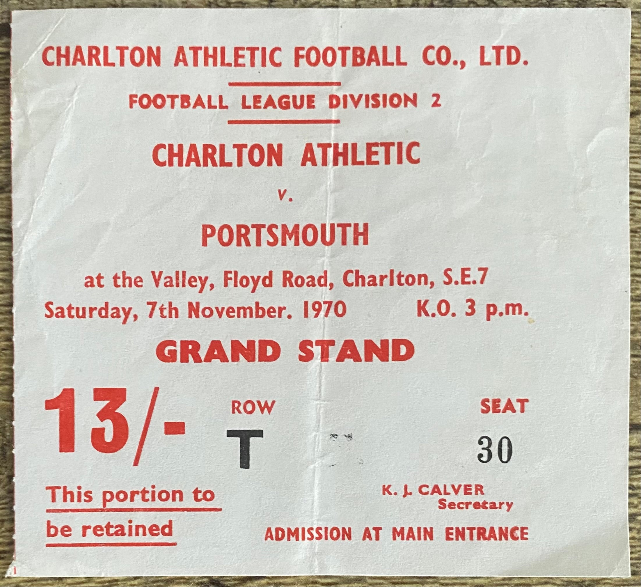 1970/71 ORIGINAL DIVISION 2 TICKET CHARLTON ATHLETIC V PORTSMOUTH