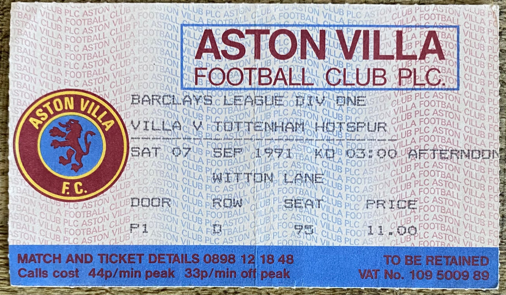 1991/92 ORIGINAL DIVISION 1 TICKET ASTON VILLA V TOTTENHAM HOTSPUR