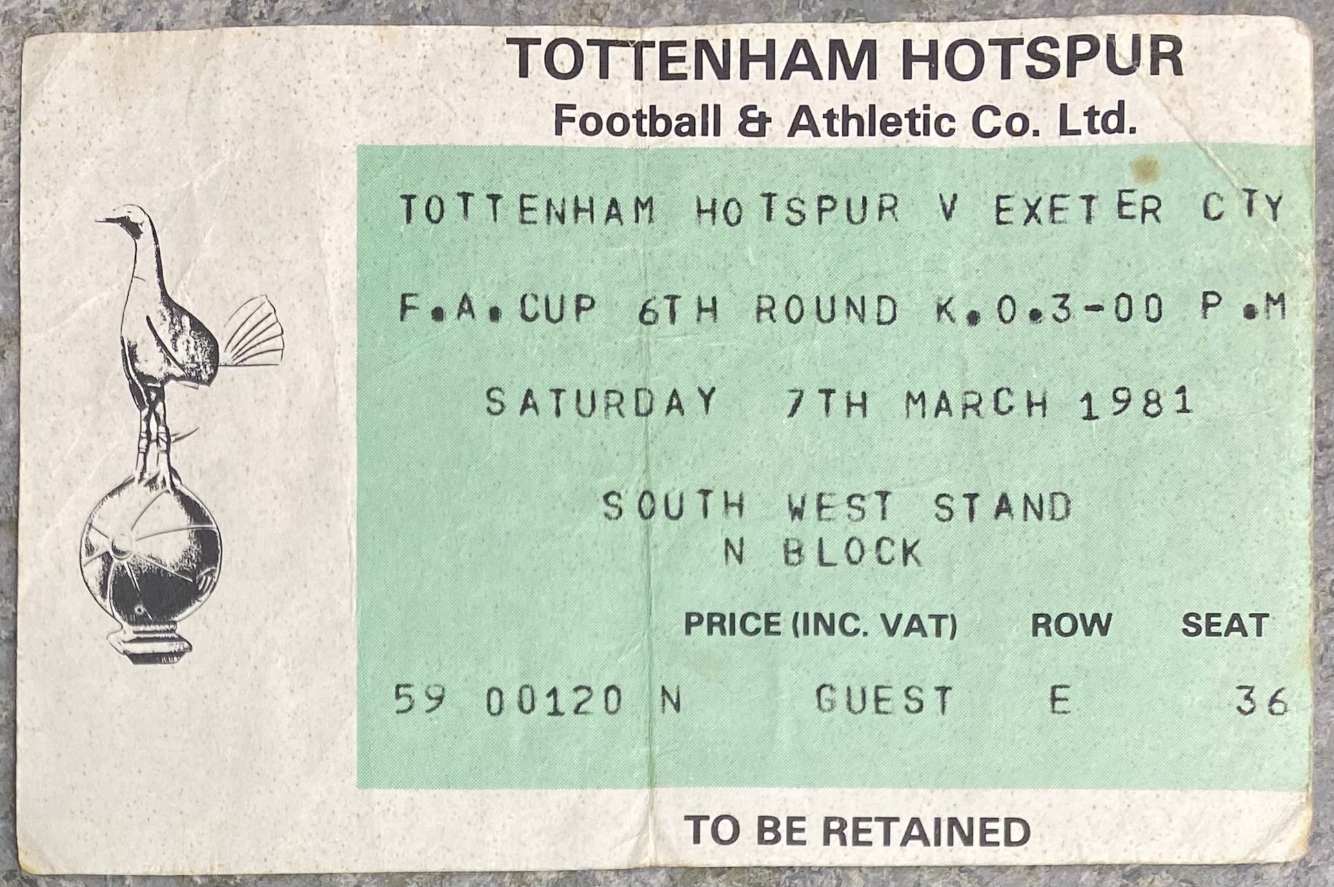 1980/81 ORIGINAL FA CUP 6TH ROUND TICKET TOTTENHAM HOTSPUR V EXETER CITY