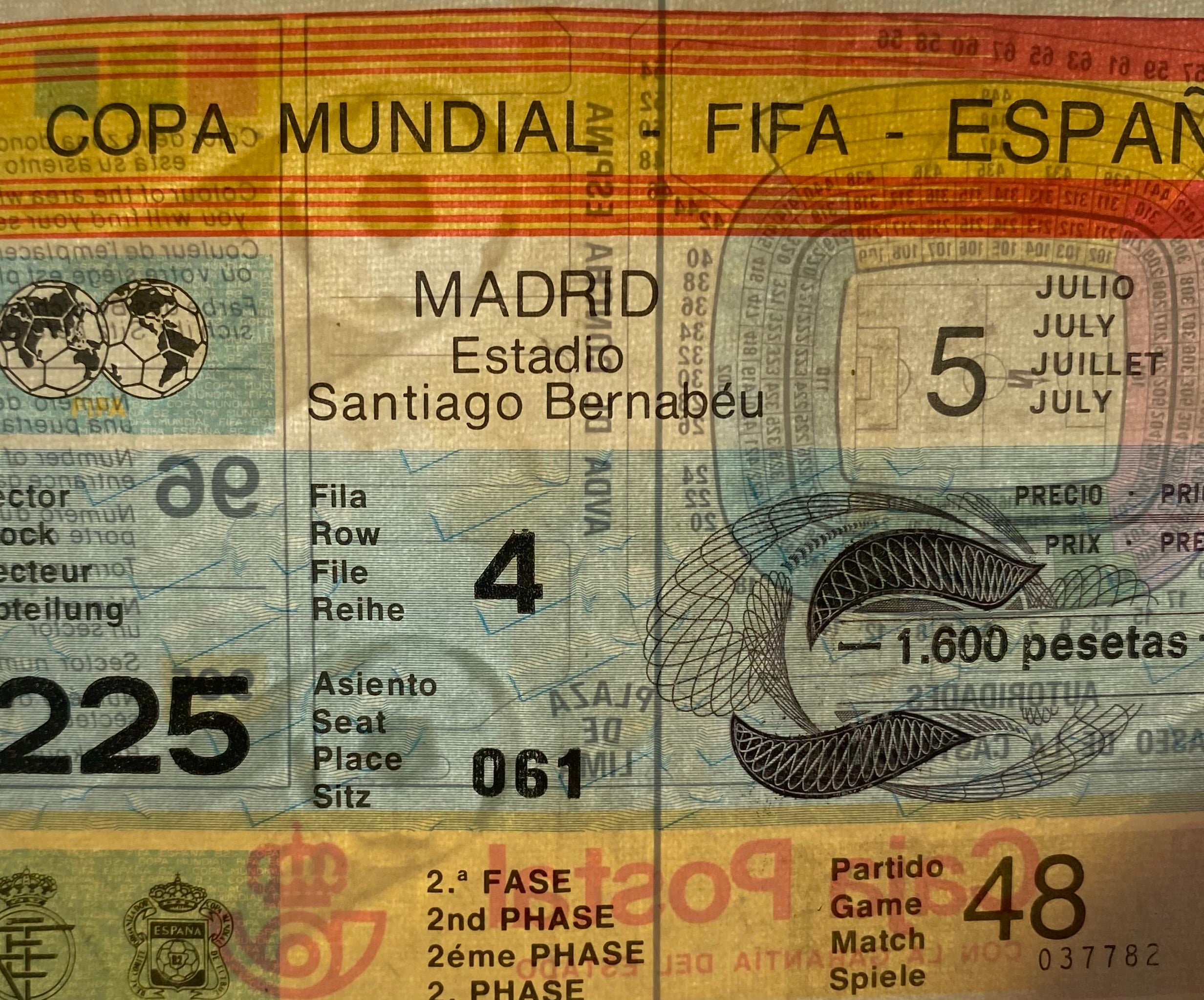 1982 ORIGINAL WORLD CUP 2ND PHASE TICKET ENGLAND V SPAIN @ MADRID