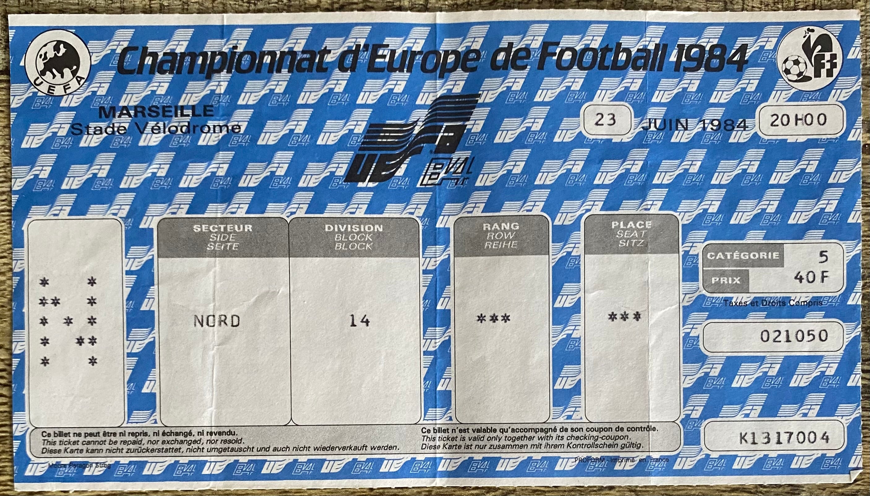 1984 ORIGINAL EURO 84 SEMI FINAL TICKET FRANCE V PORTUGAL @ MARSIELLE