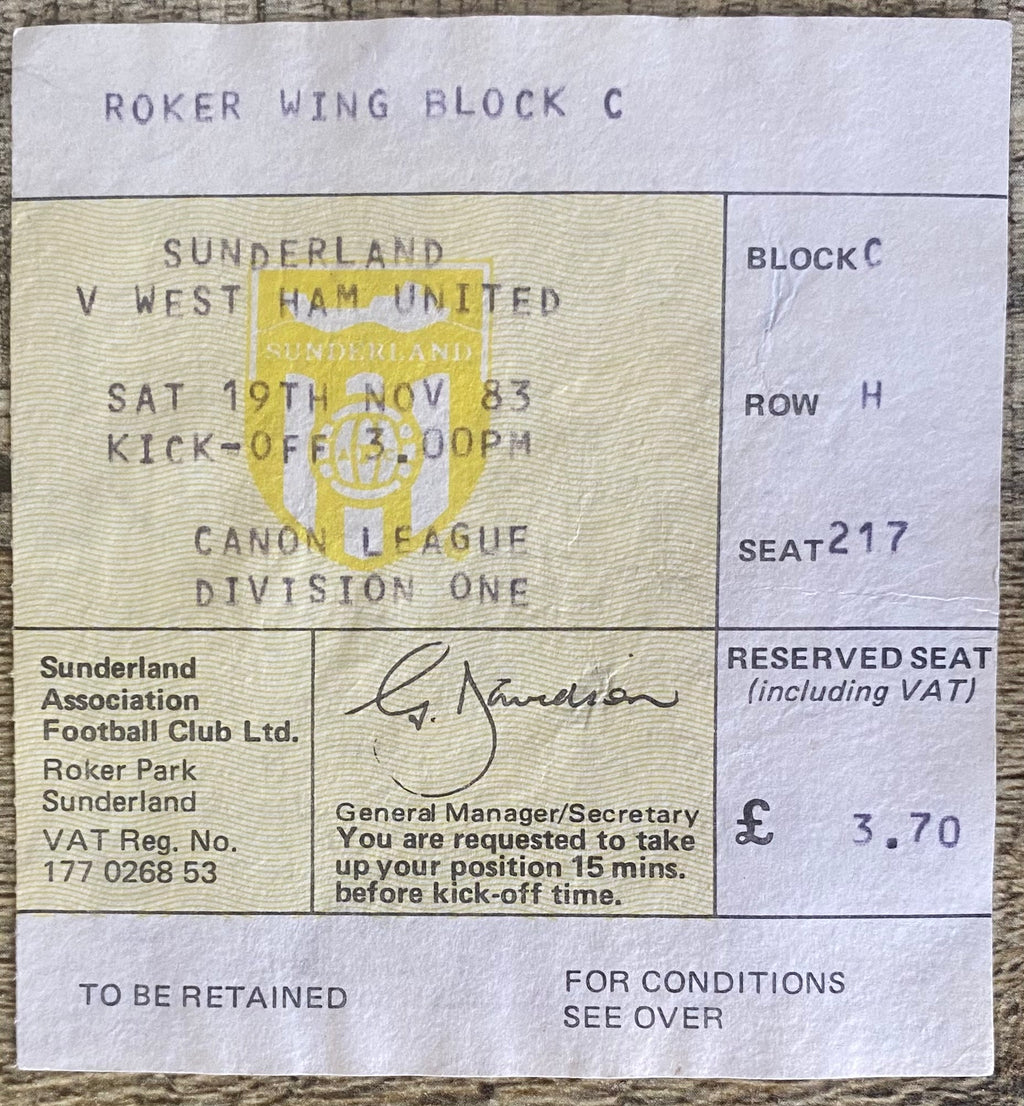 1983/84 ORIGINAL DIVISION 1 TICKET SUNDERLAND V WEST HAM UNITED