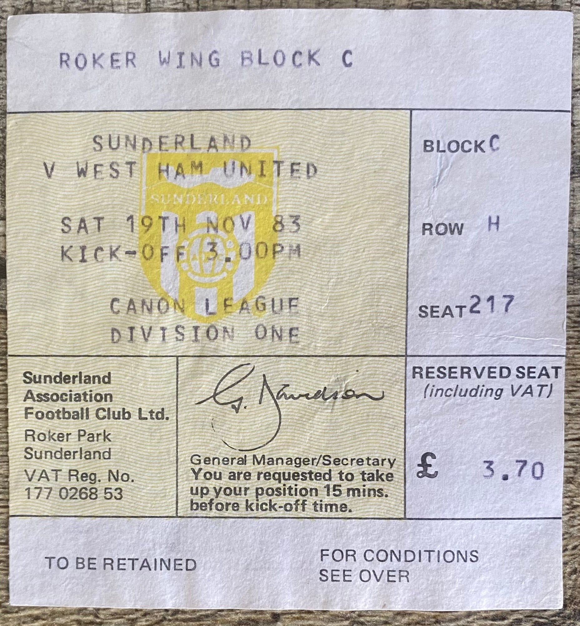 1983/84 ORIGINAL DIVISION 1 TICKET SUNDERLAND V WEST HAM UNITED