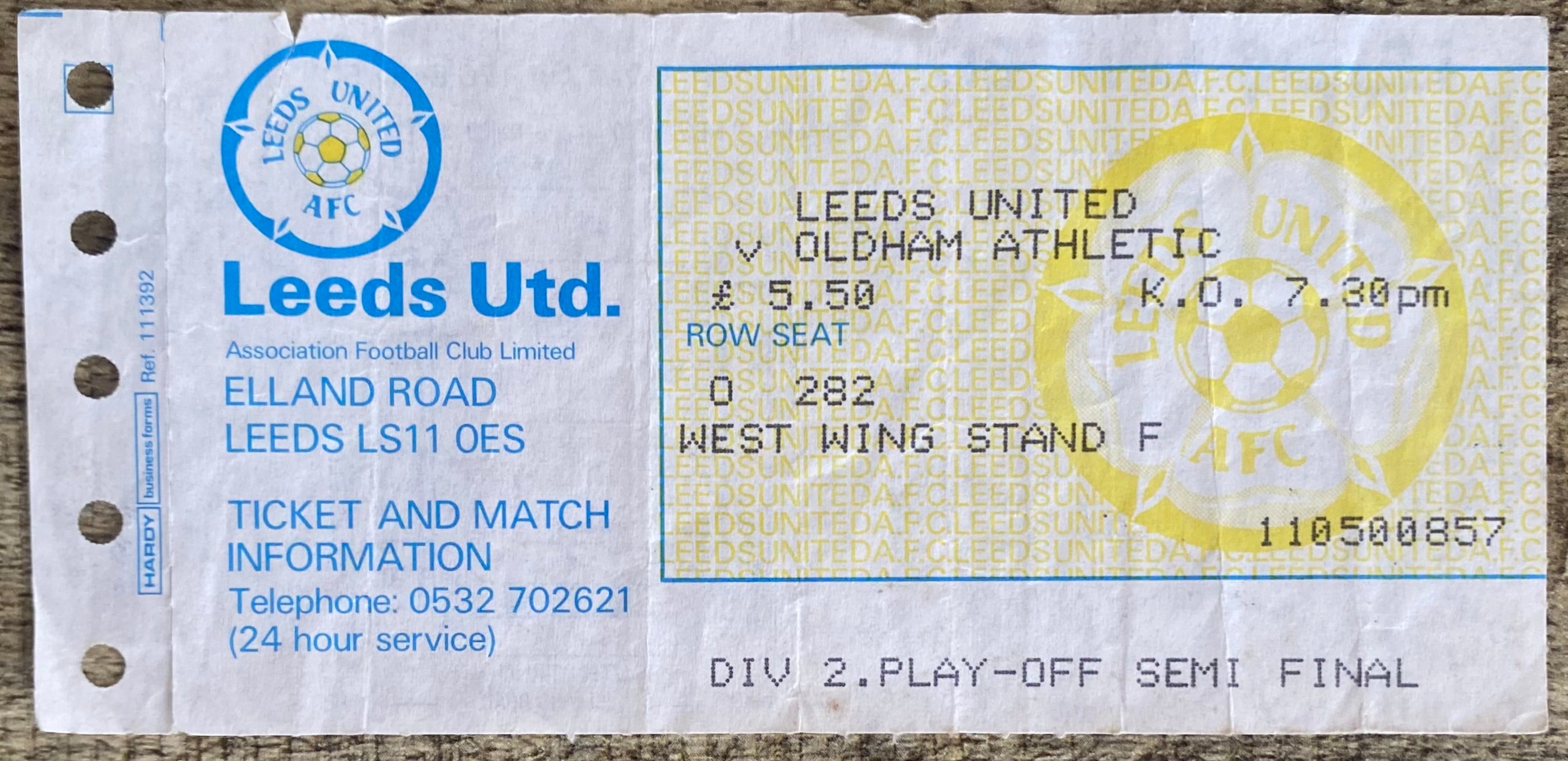 1986/87 ORIGINAL DIVISION 2 PLAY OFF SEMI FINAL 1ST LEG TICKET LEEDS UNITED V OLDHAM ATHLETIC