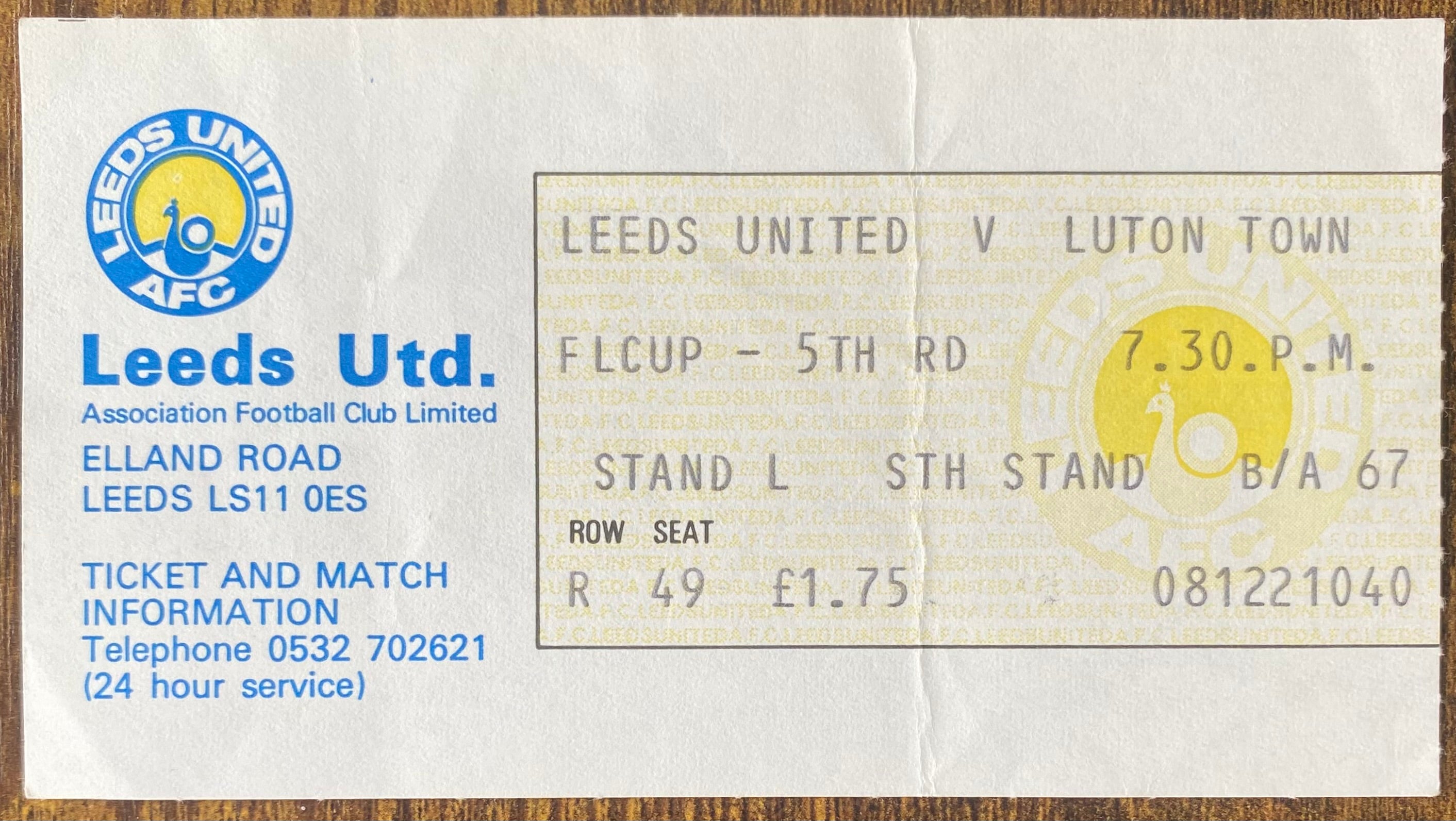 1978/79 ORIGINAL LEAGUE CUP 5TH ROUND TICKET LEEDS UNITED V LUTON TOWN