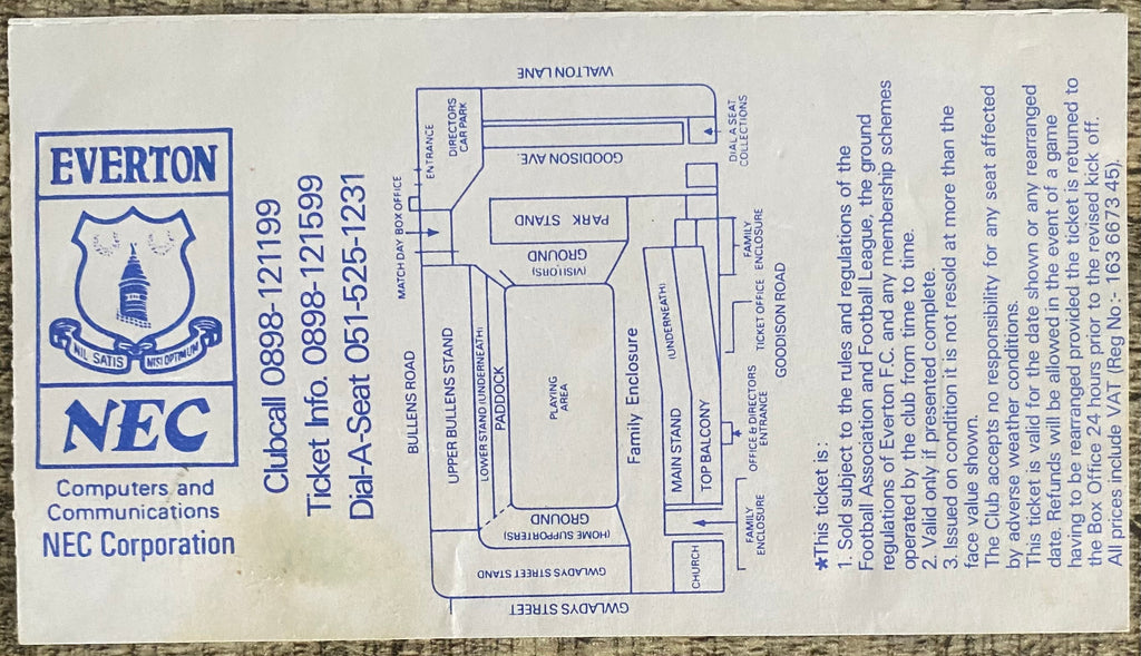 1990/91 ORIGINAL DIVISION ONE TICKET EVERTON V SOUTHAMPTON + GUEST CARD