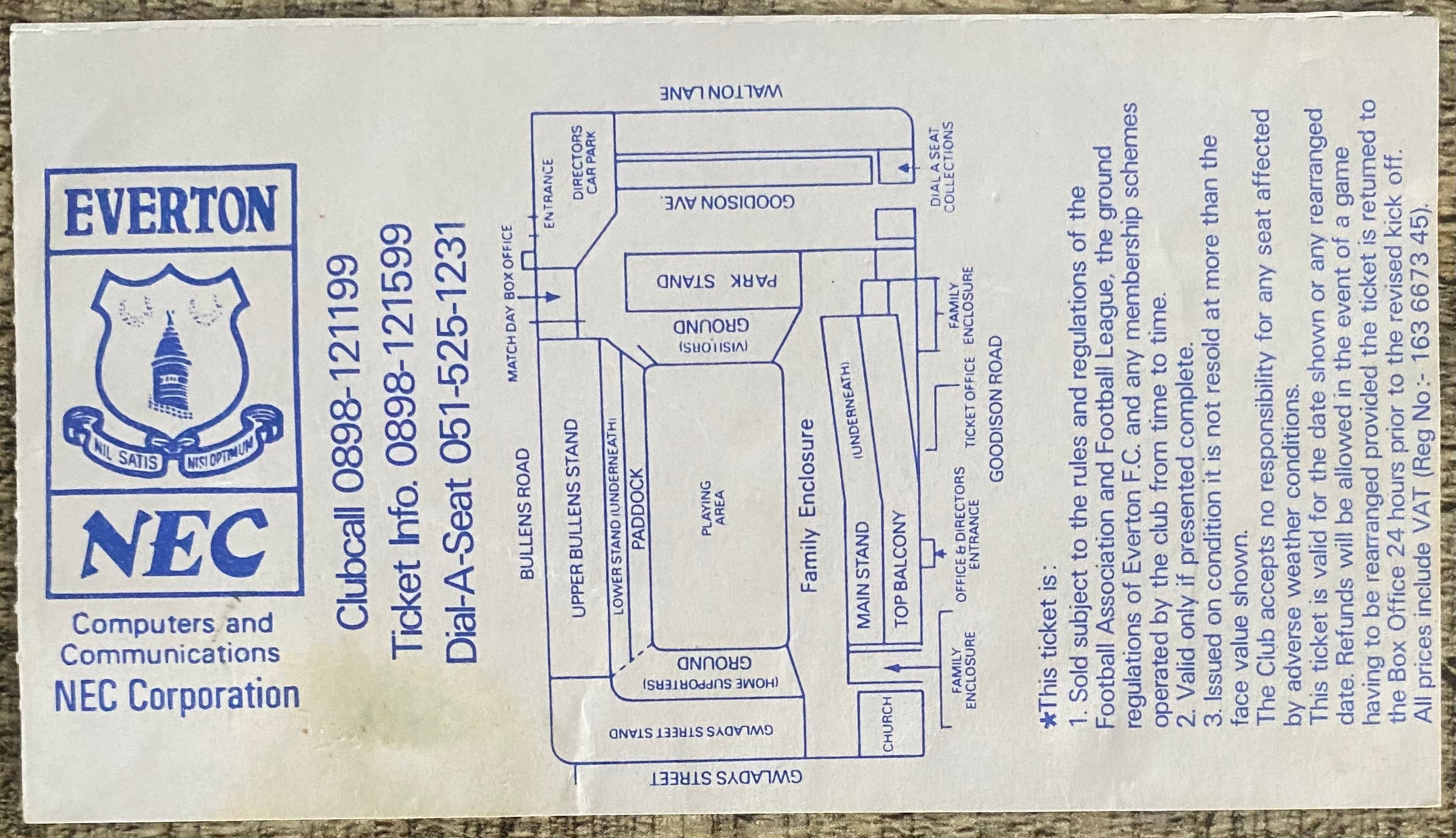 1990/91 ORIGINAL DIVISION ONE TICKET EVERTON V SOUTHAMPTON + GUEST CARD