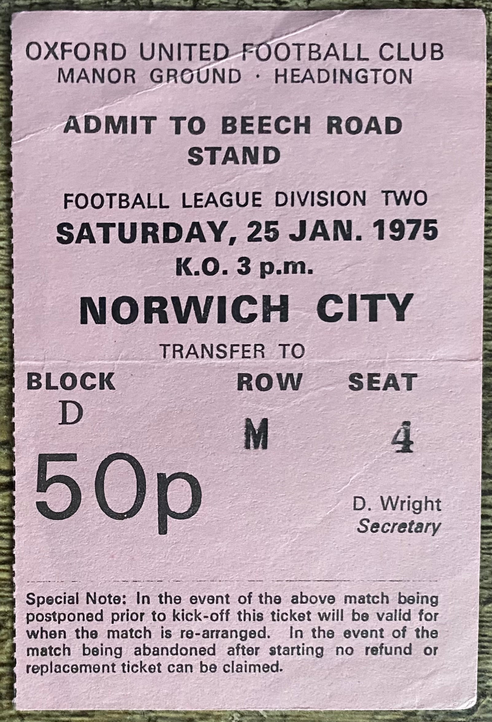 1974/75 ORIGINAL DIVISION 2 TICKET OXFORD UNITED V NORWICH CITY