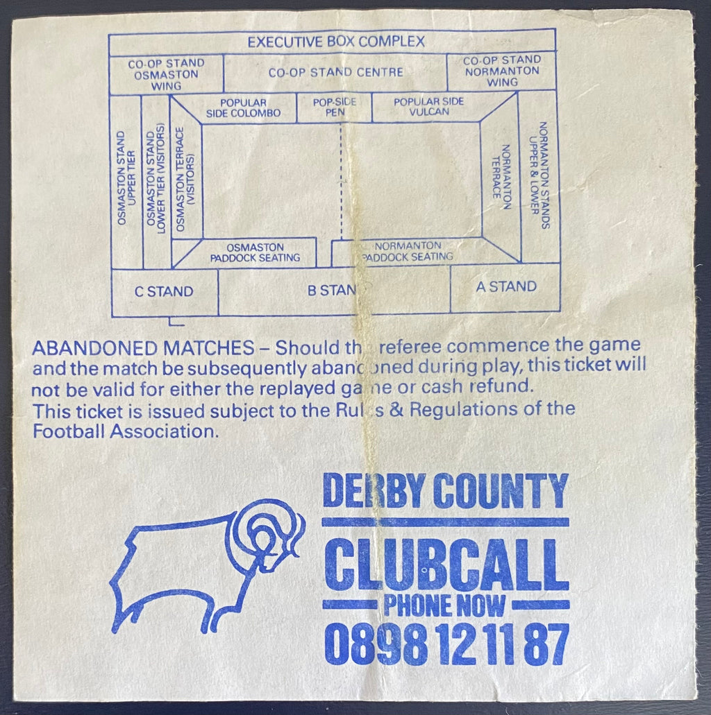 1989/90 ORIGINAL DIVISION 1 TICKET DERBY COUNTY V ASTON VILLA